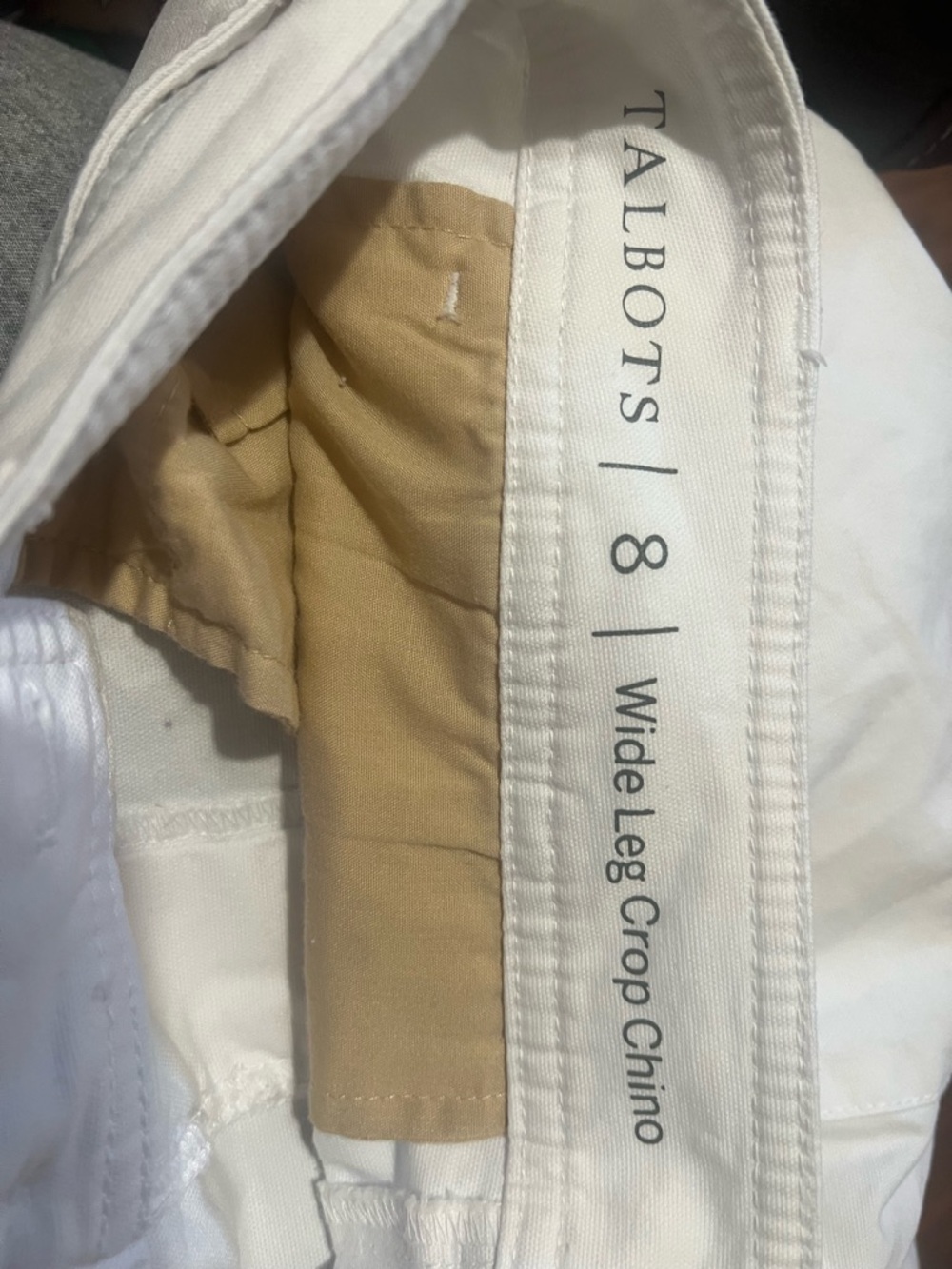 Talbots White Wide Leg Crop Chino with Tan Lining